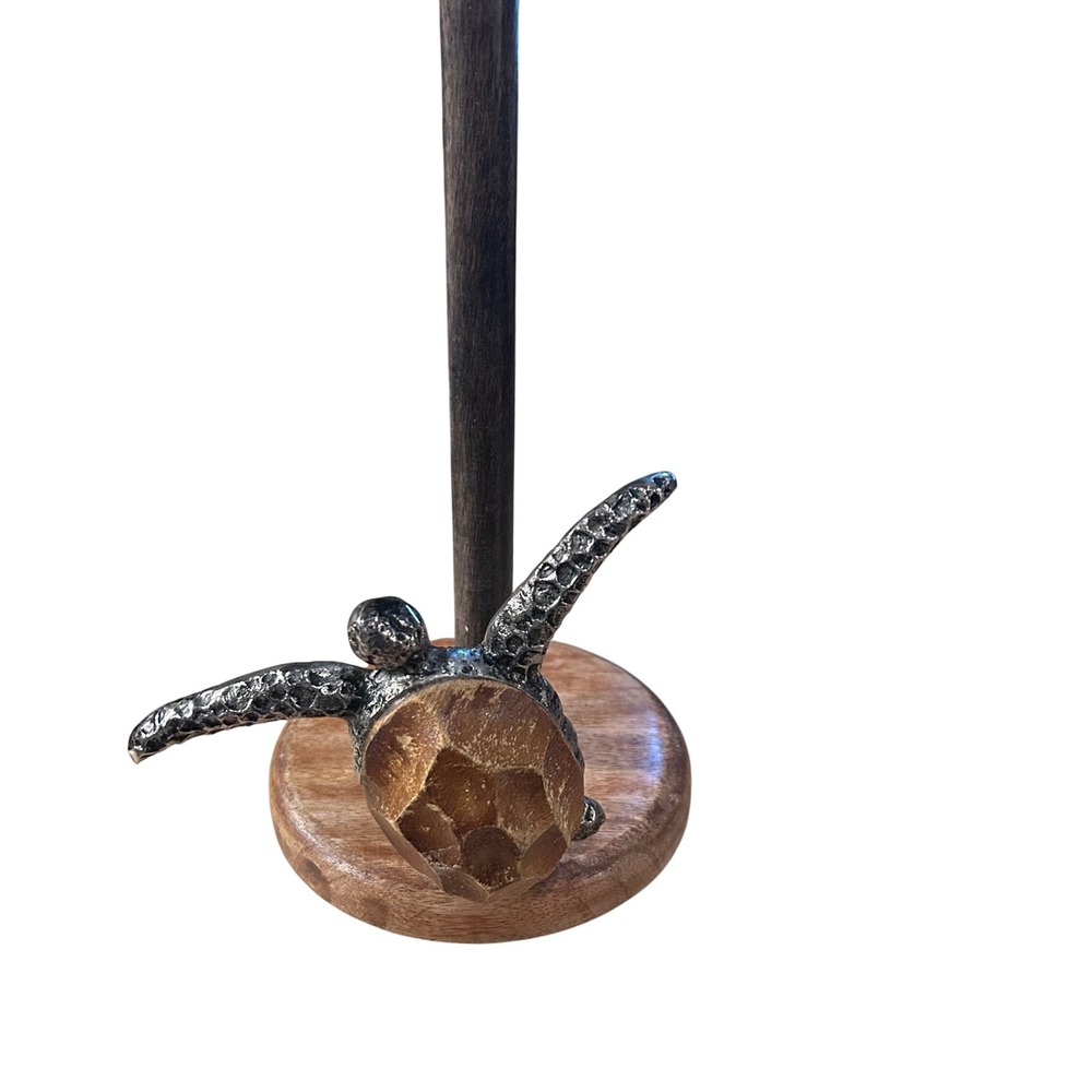 Mud Pie Paper Towel Holder  Brown Sea Turtle Mango Wood Metal Coastal